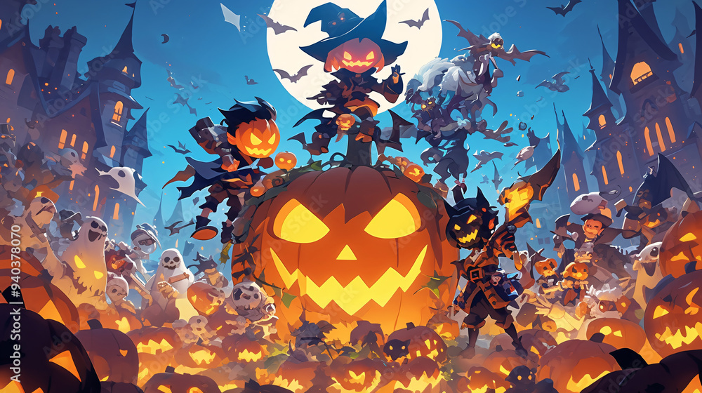 a Halloween-themed scene. There are multiple pumpkins with carved faces, arranged in a circular pattern around a central jack-o'-lantern. a Halloween-themed scene. There are multiple pumpkins with carved faces, arranged in a circular pattern around a central jack-o'-lantern.