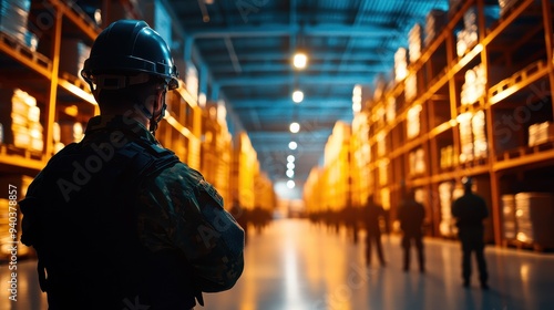 A soldier stands guard in a large warehouse, surrounded by shelves filled with boxes under dramatic lighting.