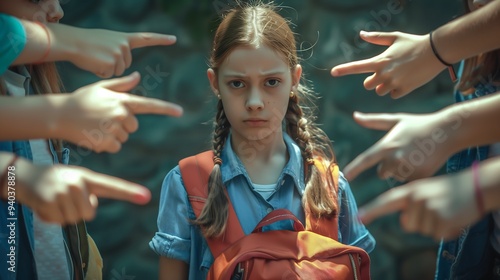 Wallpaper Mural A sad-looking schoolgirl carrying a backpack, surrounded by multiple hands pointing fingers at her. Torontodigital.ca