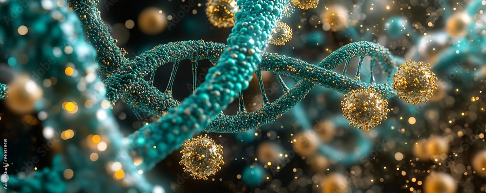 Close-up of cell membrane interacting with DNA strands, rich green and gold hues, detailed molecular structure, scientific elegance, bioengineering marvel Close-up of cell membrane interacting with DNA strands, rich green and gold hues, detailed molecular structure, scientific elegance, bioengineering marvel
