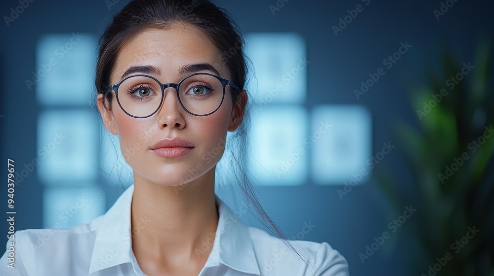 Confident woman in glasses, showcasing professionalism and focus in a modern office environment with a soft blue background.