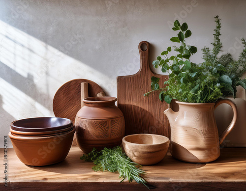 A rustic kitchen still life featuring fresh herbs, wooden utensils, and ceramic pots, capturing the cozy and charming essence of a farmhouse kitchen with natural materials and vintage-style kitchenwar photo