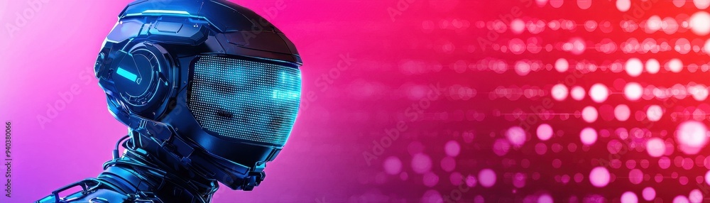 Futuristic robot with glowing visor on a vibrant pink background. Perfect for technology, science fiction, and digital art concepts. Futuristic robot with glowing visor on a vibrant pink background. Perfect for technology, science fiction, and digital art concepts.