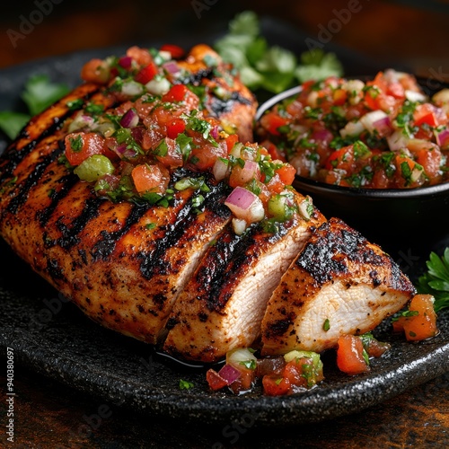 A detailed close-up of a grilled chicken breast topped with a vibrant salsa of tomatoes, cucumbers, and herbs, showcasing a healthy and flavorful dish.