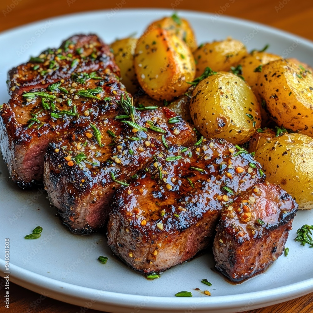 A close-up view of perfectly seared filet mignon steaks, garnished with fresh herbs, served alongside golden herb-roasted potatoes on a pastel plate. A close-up view of perfectly seared filet mignon steaks, garnished with fresh herbs, served alongside golden herb-roasted potatoes on a pastel plate.