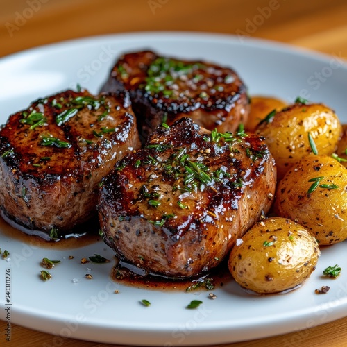 A detailed close-up of perfectly seared filet mignon steaks, garnished with fresh herbs, served with golden herb-roasted potatoes on a pastel elegant plate.