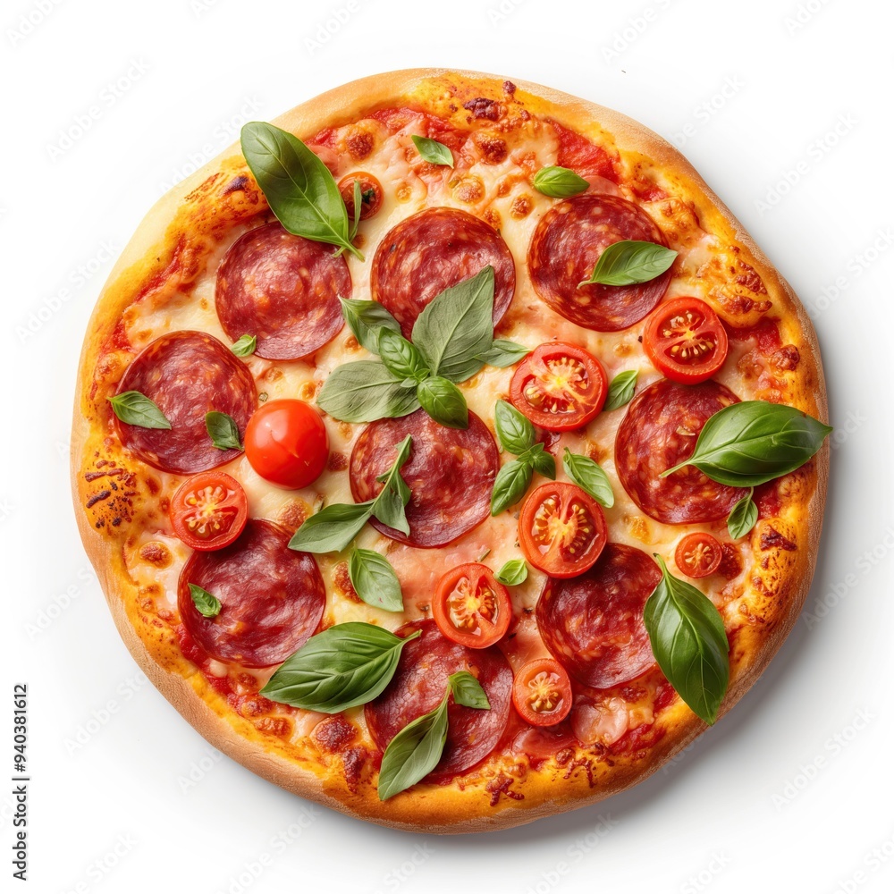 Pizza with salami, tomatoes and basil isolated on white background Pizza with salami, tomatoes and basil isolated on white background