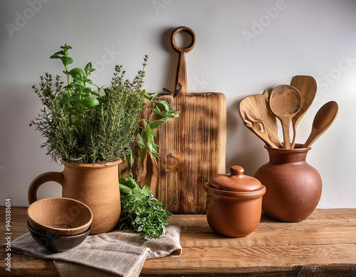 A rustic kitchen still life featuring fresh herbs, wooden utensils, and ceramic pots, capturing the cozy and charming essence of a farmhouse kitchen with natural materials and vintage-style kitchenwar photo