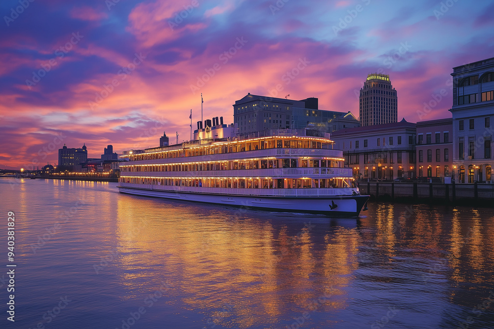 Fototapeta premium Pearl-White Riverboat on Glamorous Casino River Cruise: Luxury Amidst the Waves