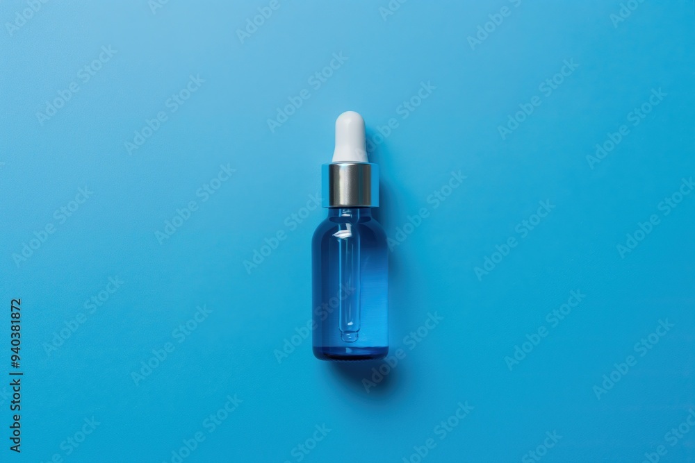 Cosmetic bottle with pipette on blue background, top view. Serum for face Cosmetic bottle with pipette on blue background, top view. Serum for face