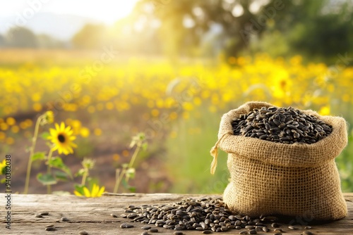 Sunflower seeds in burlap bag on wooden table in front of sunflowers field