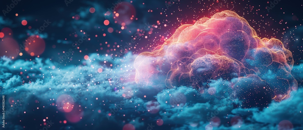 Futuristic Digital Cloud Network in Hologram with Neon Light Connections on Abstract Tech Background Futuristic Digital Cloud Network in Hologram with Neon Light Connections on Abstract Tech Background
