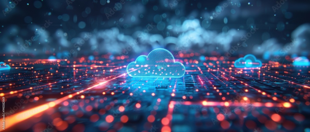 Futuristic  Hologram of Cloud Computing Network with Interconnected Digital Nodes on Dark Blue Background