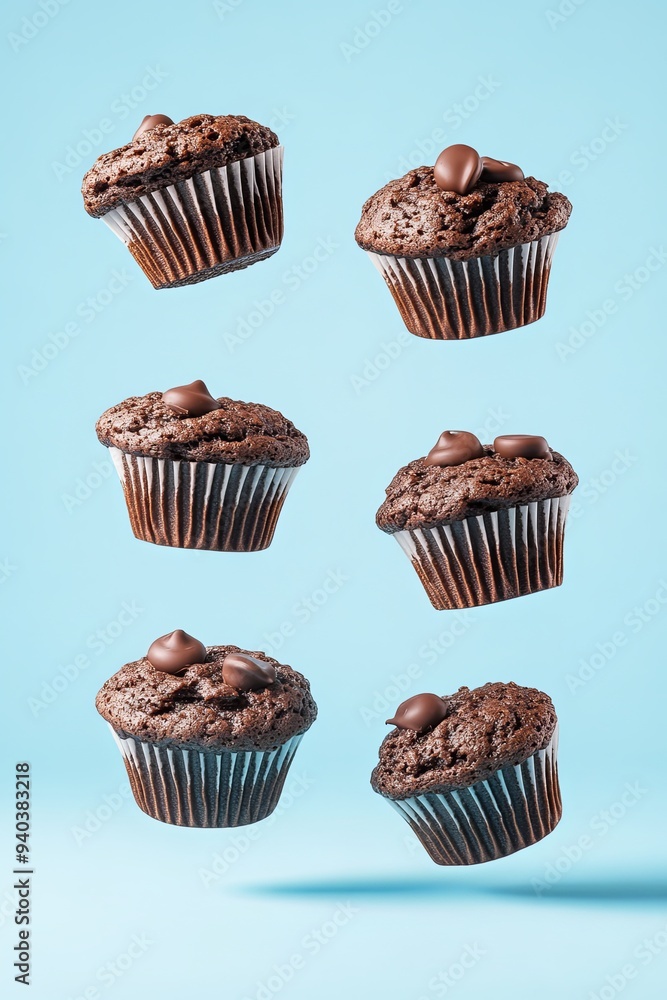 Six Chocolate Muffins with Chocolate Chips on Top Floating Against a Blue Background. Six Chocolate Muffins with Chocolate Chips on Top Floating Against a Blue Background.