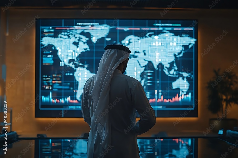 Man in Traditional Clothing Looking at World Map on Large Screen - Illustration Man in Traditional Clothing Looking at World Map on Large Screen - Illustration