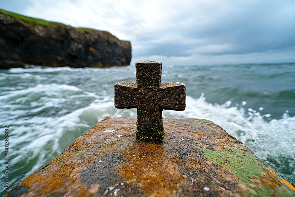 A tombstone in a coastal graveyard, with waves crashing against the cliffs in the background, evoking a sense of eternal rest A tombstone in a coastal graveyard, with waves crashing against the cliffs in the background, evoking a sense of eternal rest