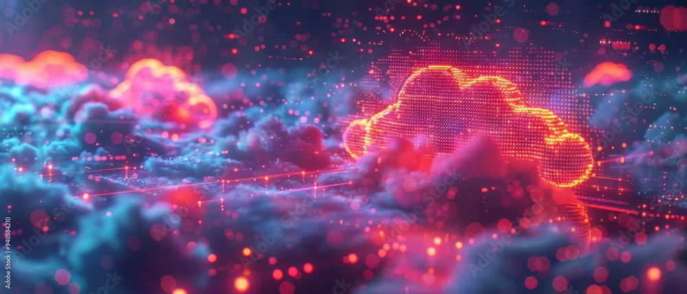 Futuristic Hologram of Cloud Computing Network with Glowing Data Pathways - Concept of Advanced Technology Futuristic Hologram of Cloud Computing Network with Glowing Data Pathways - Concept of Advanced Technology