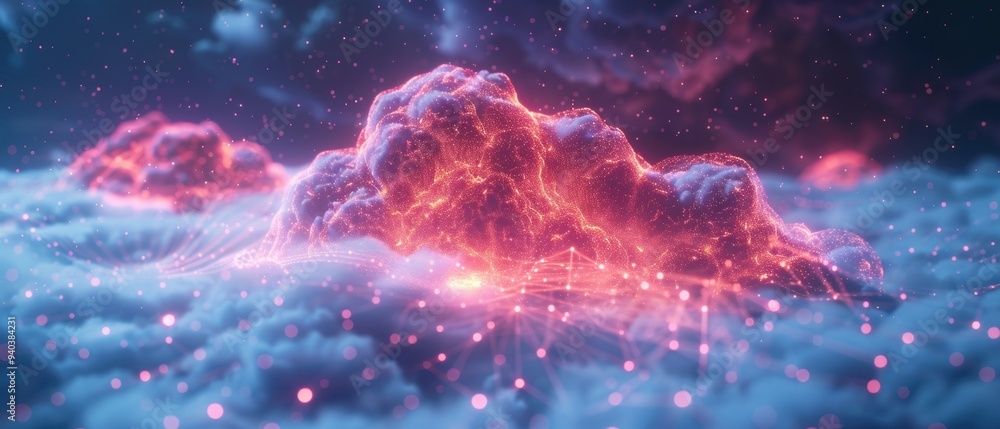 Futuristic Hologram of Cloud Computing Network with Glowing Data Pathways Futuristic Hologram of Cloud Computing Network with Glowing Data Pathways