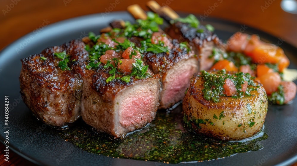 Slices of perfectly seared steak adorned with fresh tomatoes and mint, served atop a vibrant green herb sauce on a dark plate. Slices of perfectly seared steak adorned with fresh tomatoes and mint, served atop a vibrant green herb sauce on a dark plate.