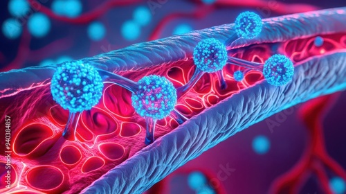 Digital representation of cholesterol molecules in a human artery, futuristic style, glowing holographic elements, neon blue and red hues photo