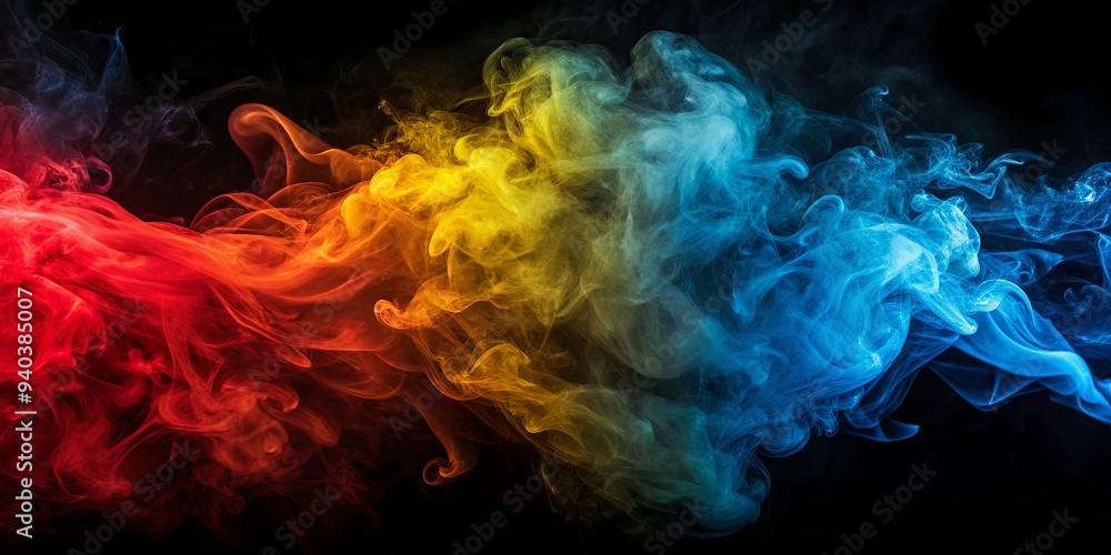 Abstract smoke texture in red, blue, and yellow backlight against a black background, backlit, abstract, smoke, texture, red