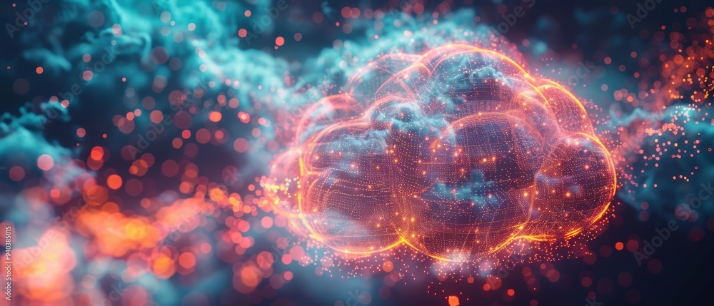 Futuristic Hologram of Cloud Computing Network with Glowing Data Connections Futuristic Hologram of Cloud Computing Network with Glowing Data Connections