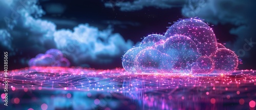 Futuristic Cloud Computing Network Visualization in 3D Hologram with Illuminated Nodes and Interconnected Paths