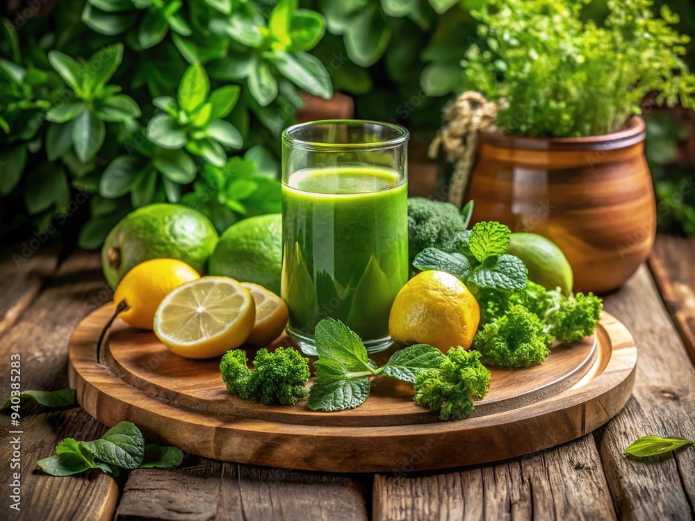 calm misty ambiance surrounds a vibrant green juice, sliced lemons, and detoxifying herbs arranged on a natural wood platter amidst lush foliage. calm misty ambiance surrounds a vibrant green juice, sliced lemons, and detoxifying herbs arranged on a natural wood platter amidst lush foliage.