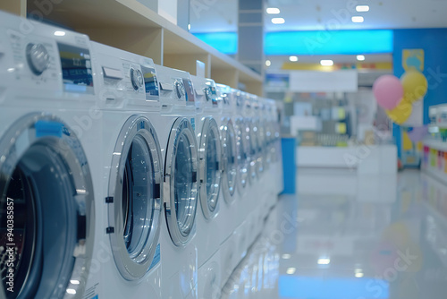 Modern washing machines displayed in well lit household appliance store photo