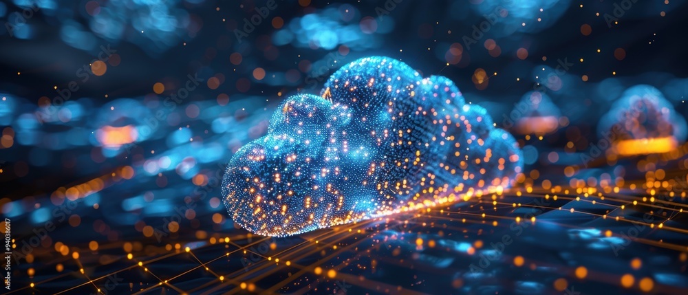 Illuminated Virtual Cloud Network Hologram in Perspective on Dark Blue Background Illuminated Virtual Cloud Network Hologram in Perspective on Dark Blue Background