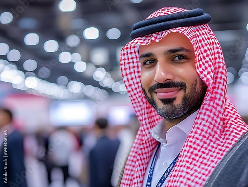 Smiling Arab Man in Traditional Clothing at a Business Conference - Photo photo