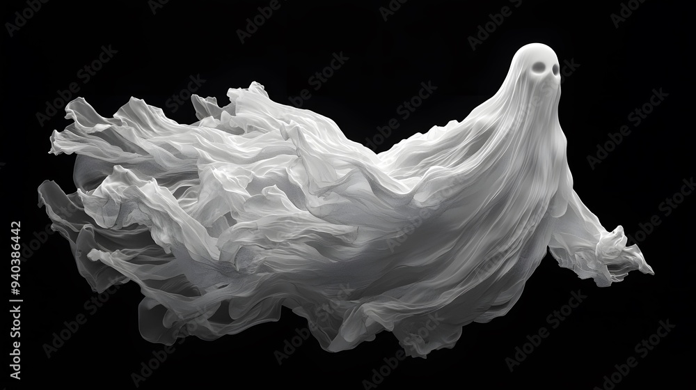 Ethereal white ghost figure emerging from flowing fabric against a black background.