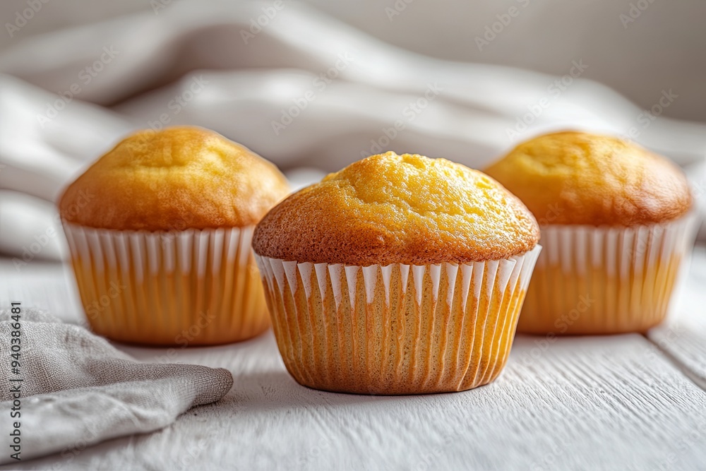Three freshly baked golden cupcakes in paper liners sit on a white wooden table with a piece of white linen fabric behind them. Three freshly baked golden cupcakes in paper liners sit on a white wooden table with a piece of white linen fabric behind them.