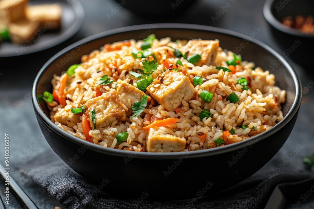 Bowl of Fried Rice with Tofu, Carrots, and Green Onions Bowl of Fried Rice with Tofu, Carrots, and Green Onions