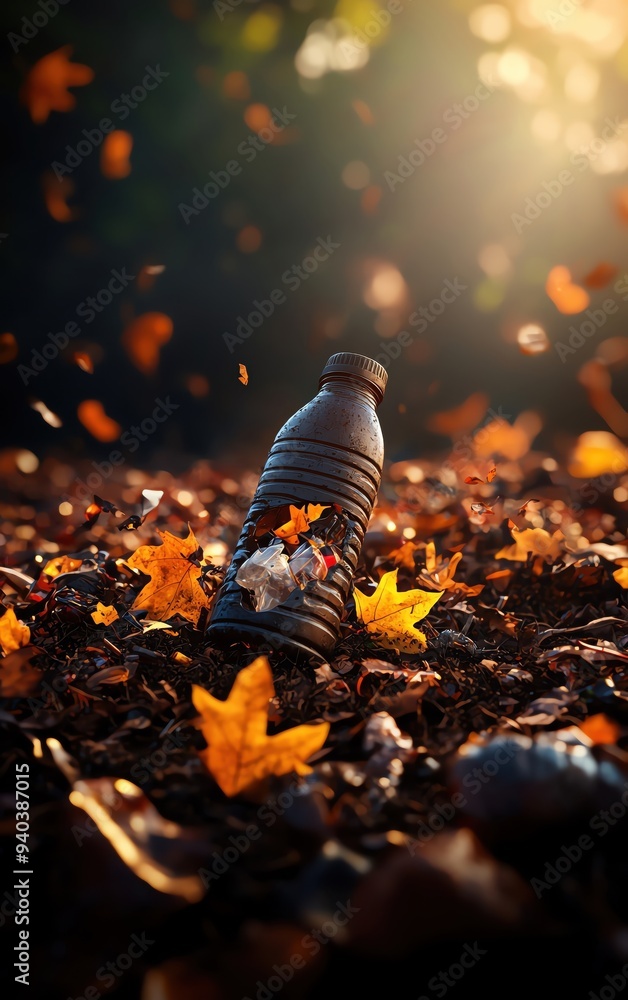 Obraz premium Plastic bottle littered among autumn leaves on forest floor with sunlight filtering through the trees, highlighting environmental pollution.
