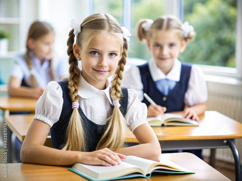 Girls sitting at a desk at school. Portrait of happy school children sitting in classroom Girls sitting at a desk at school. Portrait of happy school children sitting in classroom