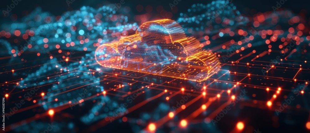 Futuristic Holographic Cloud Computing Network in with Glowing Data Connections Representing Modern Technology Concept Futuristic Holographic Cloud Computing Network in with Glowing Data Connections Representing Modern Technology Concept