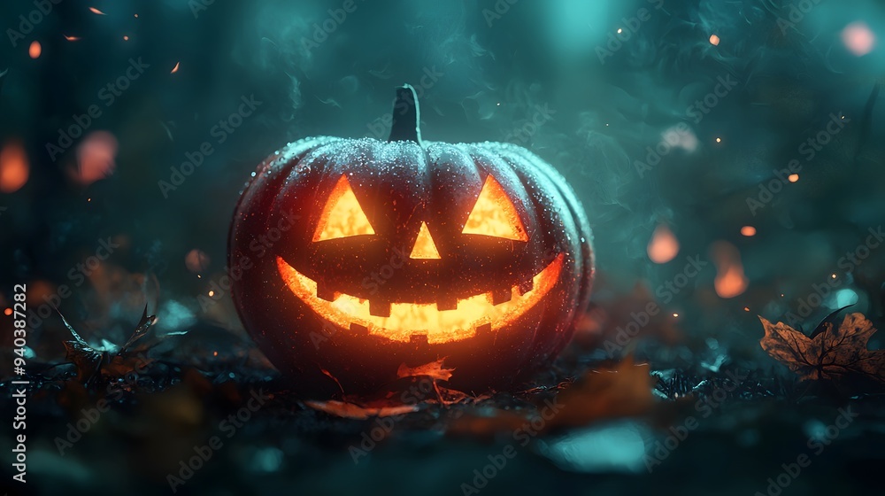 Glowing Halloween pumpkin surrounded by mist and autumn leaves. Glowing Halloween pumpkin surrounded by mist and autumn leaves.