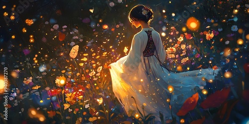 A captivating image of a Korean woman with a glowing, transparent body and dress, walking through a twilight scene filled with swaying flowers and twinkling fireflies. The atmosphere is warm,