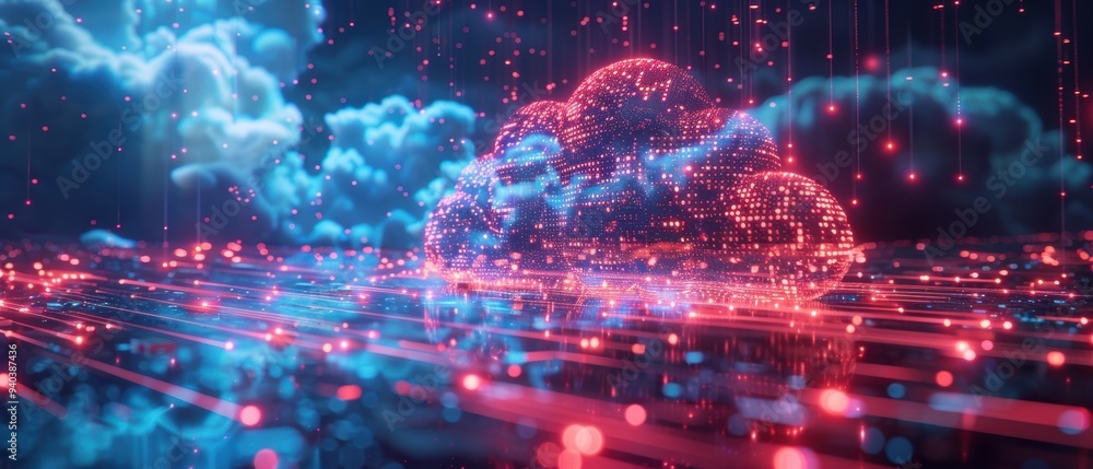 Futuristic Hologram of High-Tech Cloud Network with Glowing Data Connections on White Background Futuristic Hologram of High-Tech Cloud Network with Glowing Data Connections on White Background