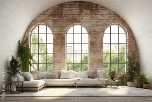 Modern Loft Living Room with Brick Wall and Arch Windows