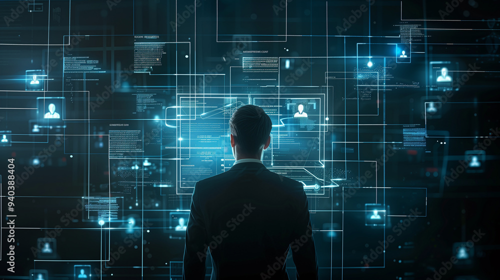Businessman analyzing data on futuristic digital interface in dark office Businessman analyzing data on futuristic digital interface in dark office
