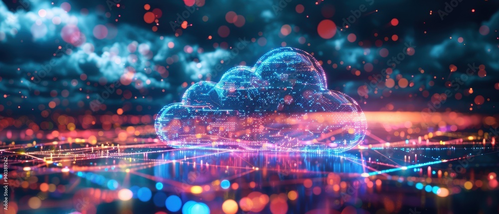 Futuristic Holographic Cloud Computing Network with Glowing Data Nodes - Technological Innovation Concept Futuristic Holographic Cloud Computing Network with Glowing Data Nodes - Technological Innovation Concept