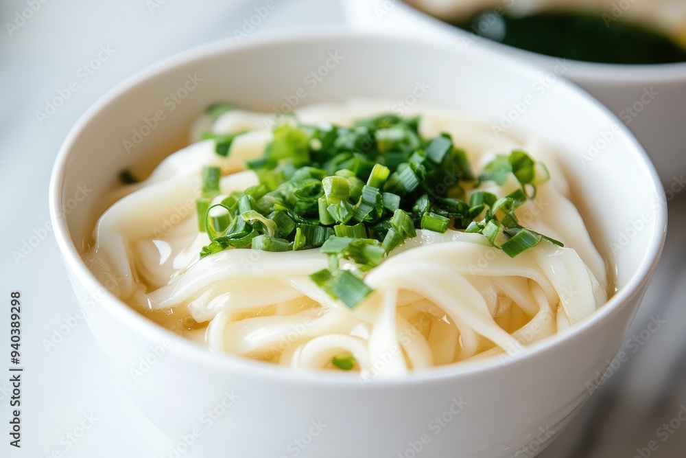A Bowl of Udon Noodles with Green Onions in Broth A Bowl of Udon Noodles with Green Onions in Broth