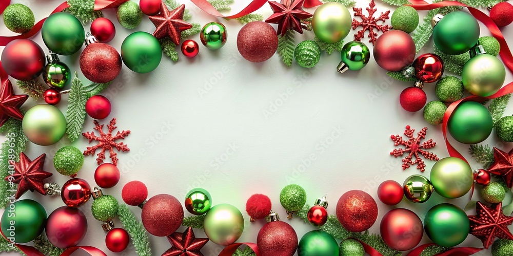 Christmas frame with red and green ornaments, snowflakes, and ribbons, Christmas, frame, holiday, decorations, red, green Christmas frame with red and green ornaments, snowflakes, and ribbons, Christmas, frame, holiday, decorations, red, green