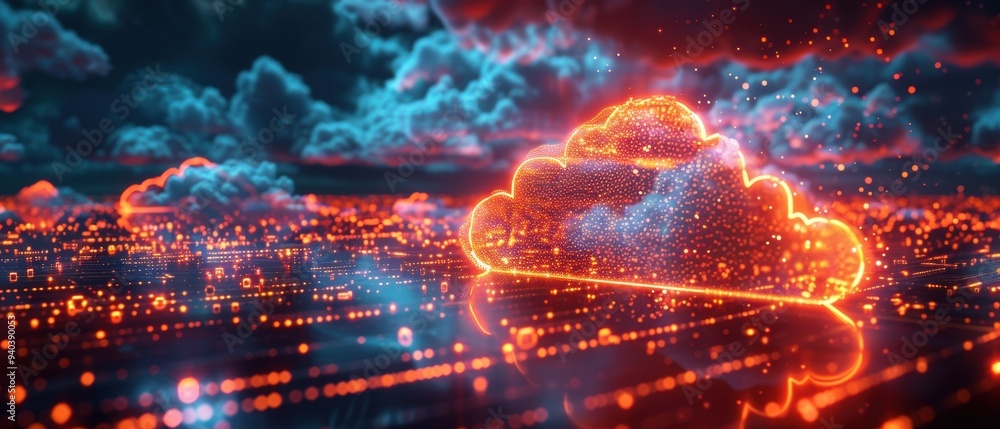 Virtual Cloud Computing Network in Hologram with Neon Lights - Futuristic Technology Concept Virtual Cloud Computing Network in Hologram with Neon Lights - Futuristic Technology Concept