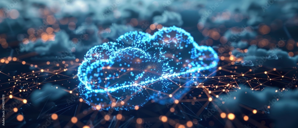 Futuristic Holographic Cloud Network in with Glowing Nodes on Dark Background Futuristic Holographic Cloud Network in with Glowing Nodes on Dark Background