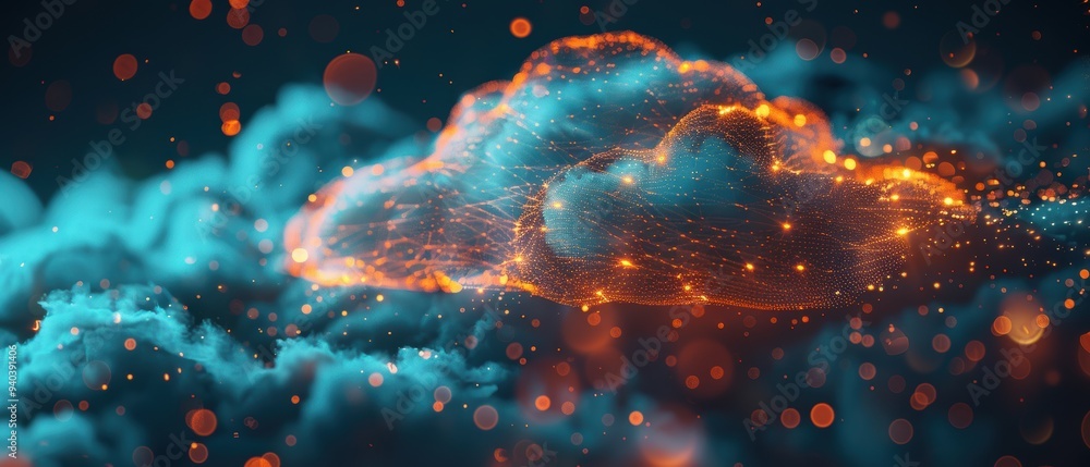 Futuristic Hologram of Cloud Computing Network with Luminous Data Pathways in Modern Tech Environment Futuristic Hologram of Cloud Computing Network with Luminous Data Pathways in Modern Tech Environment