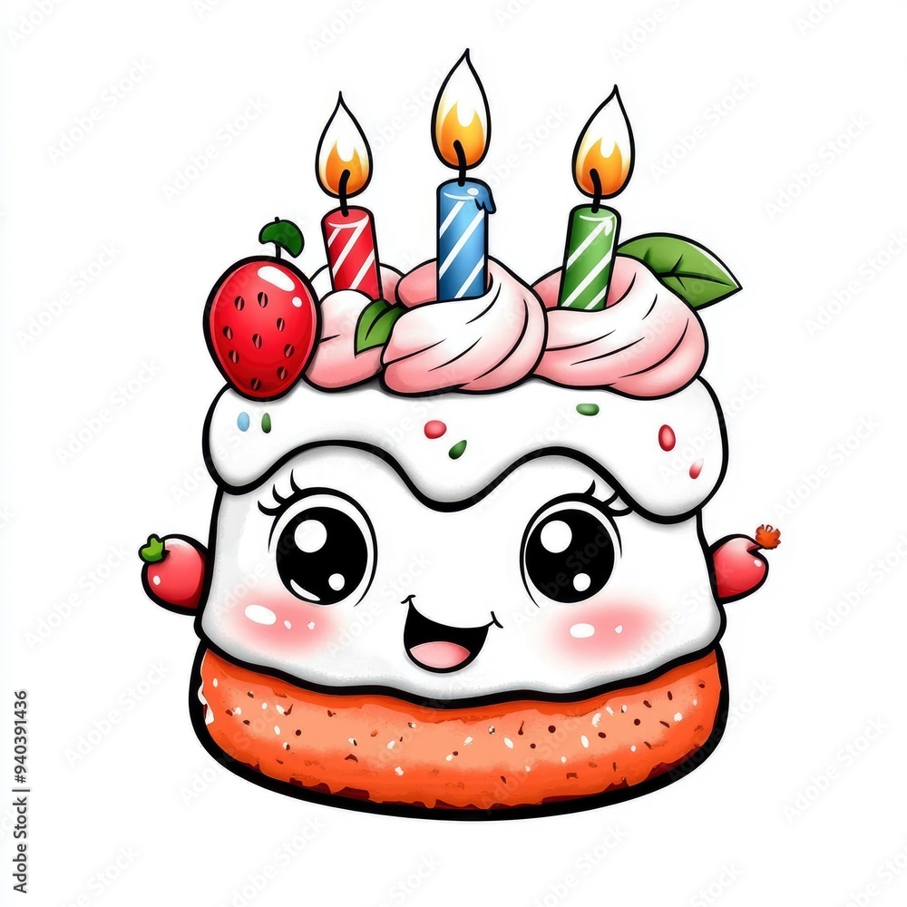 Fototapeta premium Cute Cartoon Birthday Cake with Candles and Strawberry