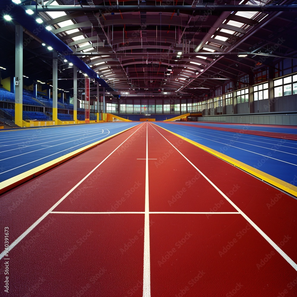 3. Curved athletic track with red running lanes and white markings, indoor stadium environment, yellow border surrounding track, blue field area, empty sports facility, high-angle view, competition 3. Curved athletic track with red running lanes and white markings, indoor stadium environment, yellow border surrounding track, blue field area, empty sports facility, high-angle view, competition